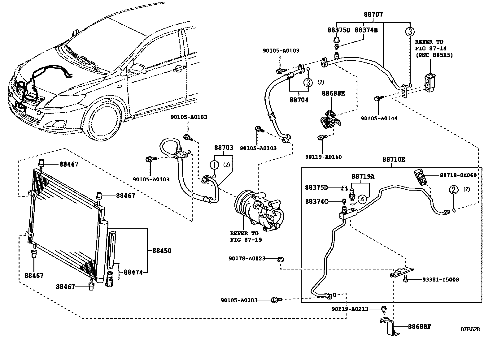 Toyota COROLLA Heating & Air Conditioning - Cooler Piping EPC diagram — 87B628