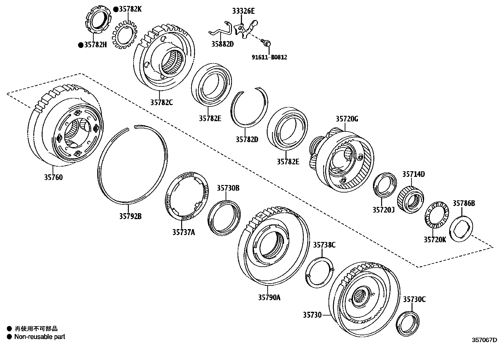 Toyota COROLLA 行星齿轮、倒档活塞和中间轴齿轮(ATM) EPC diagram — 357067D