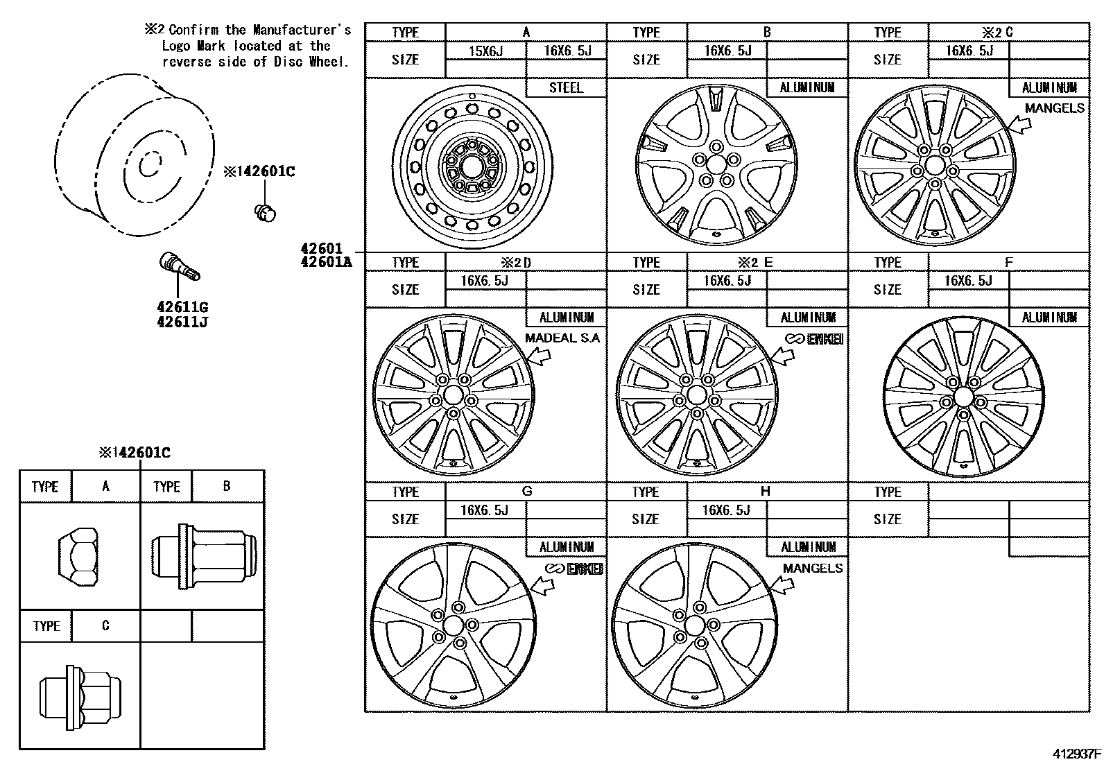 Toyota COROLLA 车轮和车轮盖 EPC diagram — 412937F