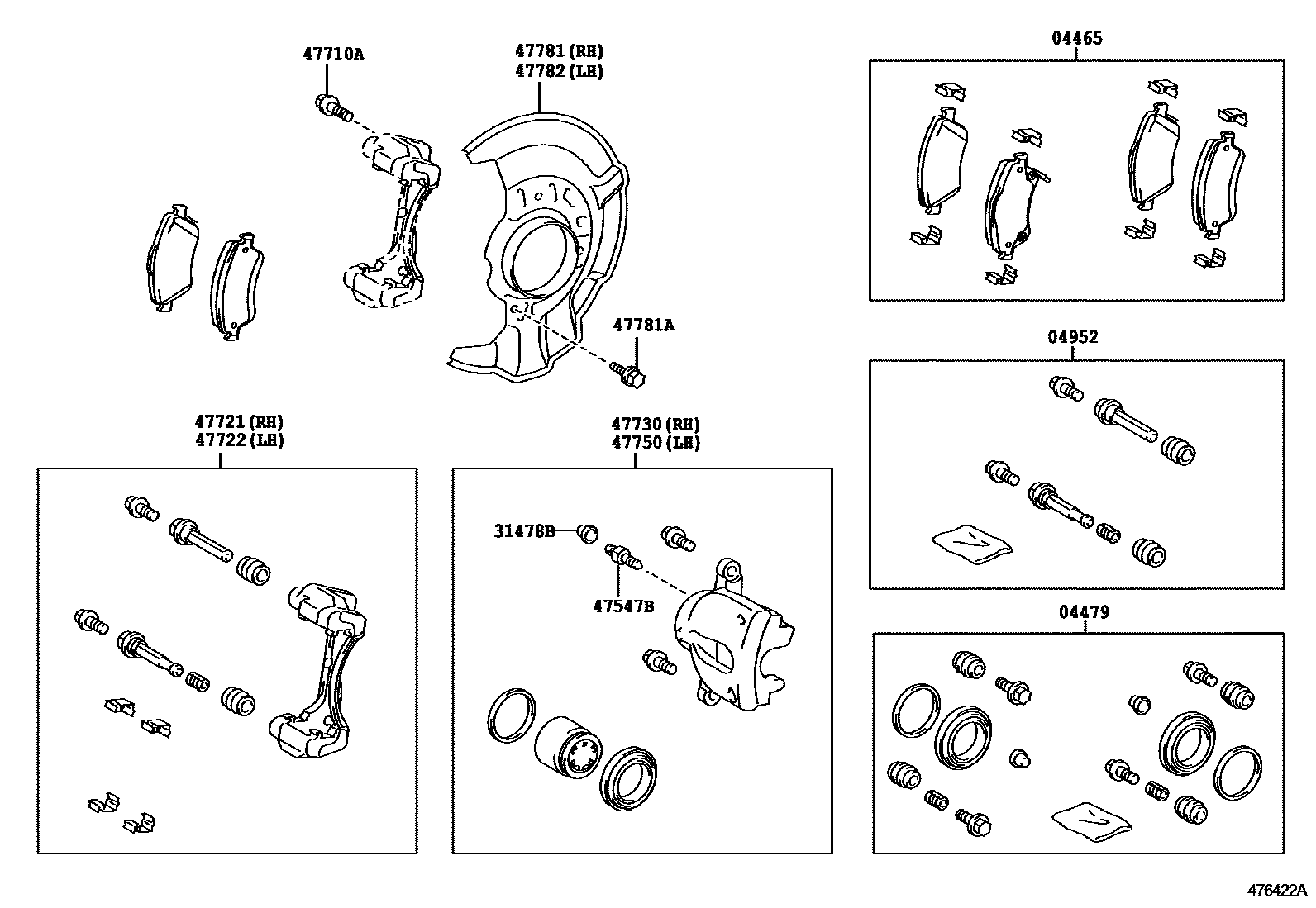 Toyota COROLLA 前盘式制动器卡钳和防尘罩 EPC diagram — 476422A