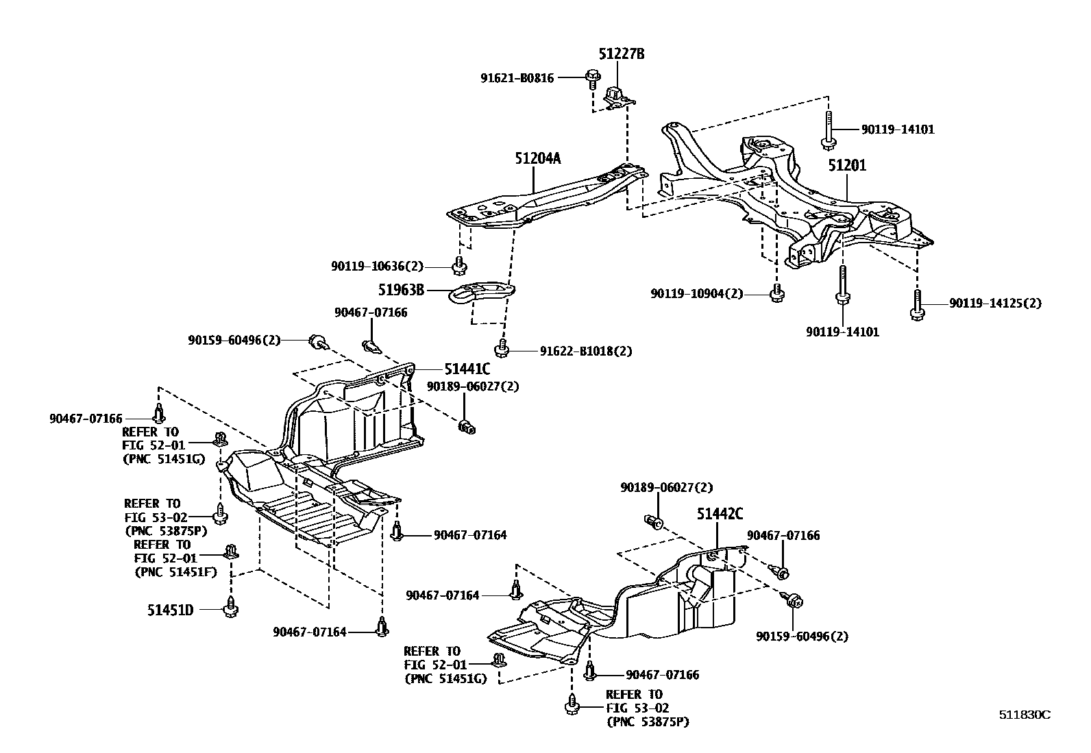 Toyota COROLLA 悬架横梁和发动机底罩 EPC diagram — 511830C