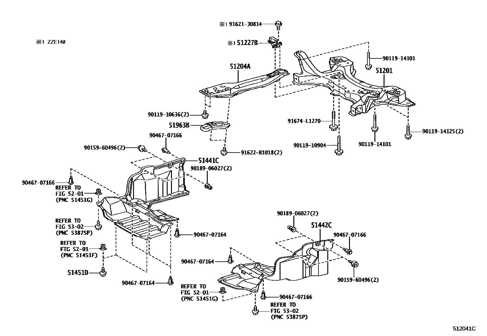 Toyota COROLLA 悬架横梁和发动机底罩 EPC diagram — 512041C