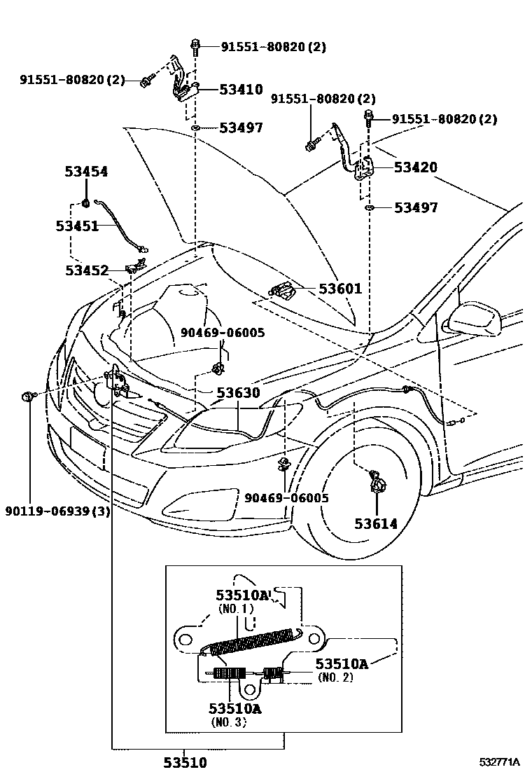 Toyota COROLLA 发动机盖锁和铰链 EPC diagram — 532771A