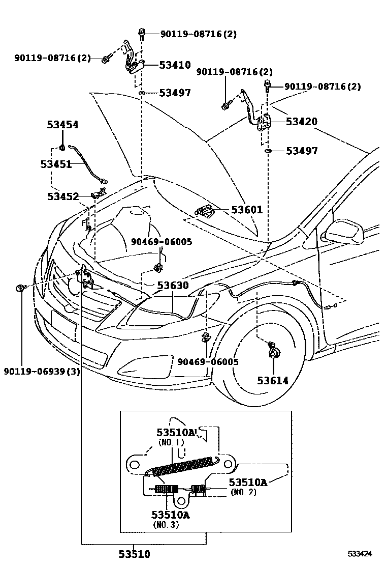 Toyota COROLLA 发动机盖锁和铰链 EPC diagram — 533424