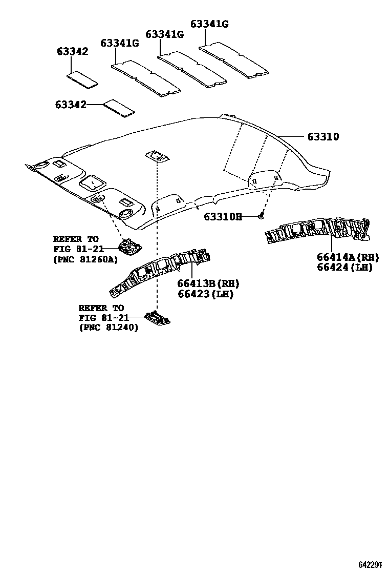 Toyota COROLLA 车顶内衬和消声垫 EPC diagram — 642291