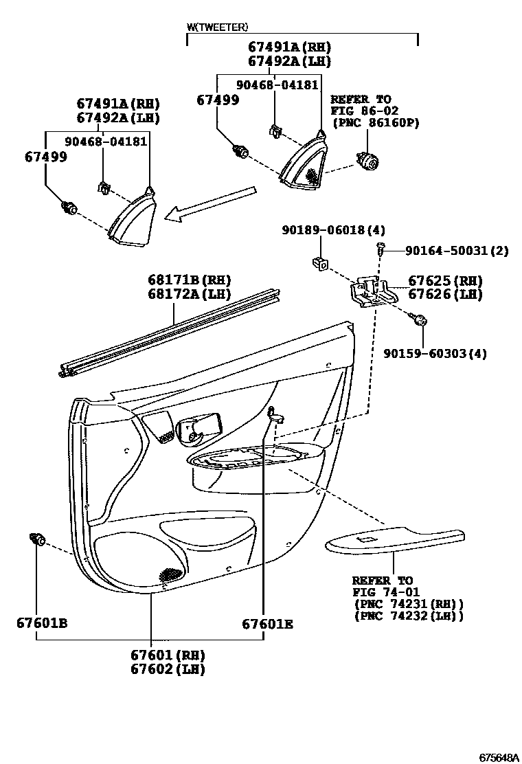 Toyota COROLLA 前门板和前门玻璃 EPC diagram — 675648A