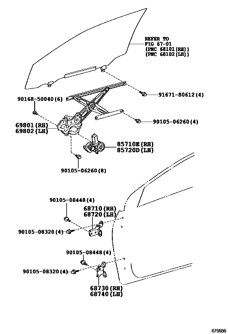 Toyota COROLLA 前门车窗升降器和合页 EPC diagram — 675656