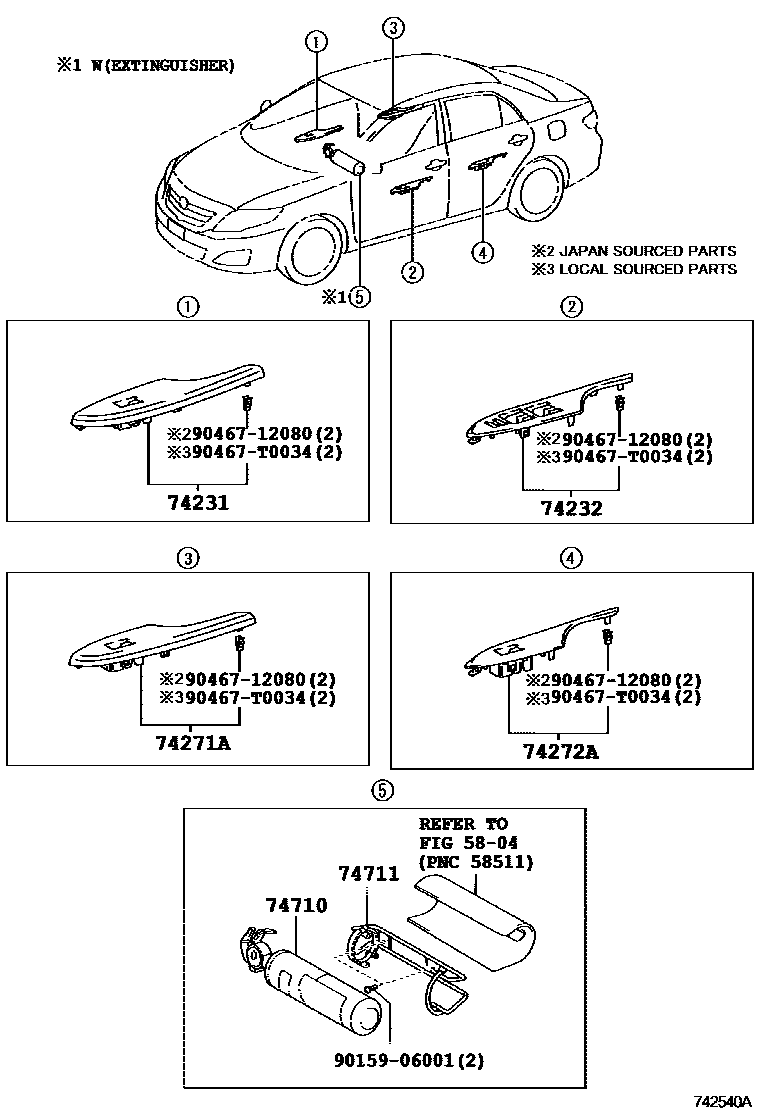 Toyota COROLLA 扶手和遮阳板 EPC diagram — 742540A
