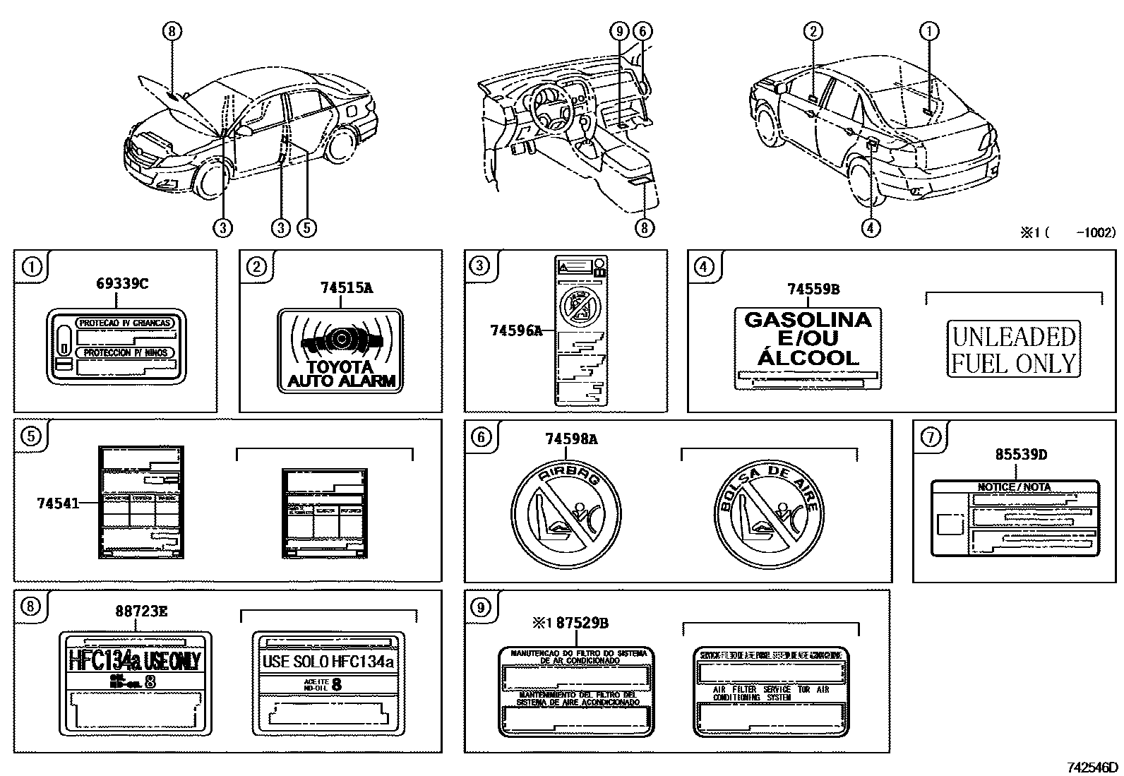 Toyota COROLLA 警示铭牌(车外和车内) EPC diagram — 742546D