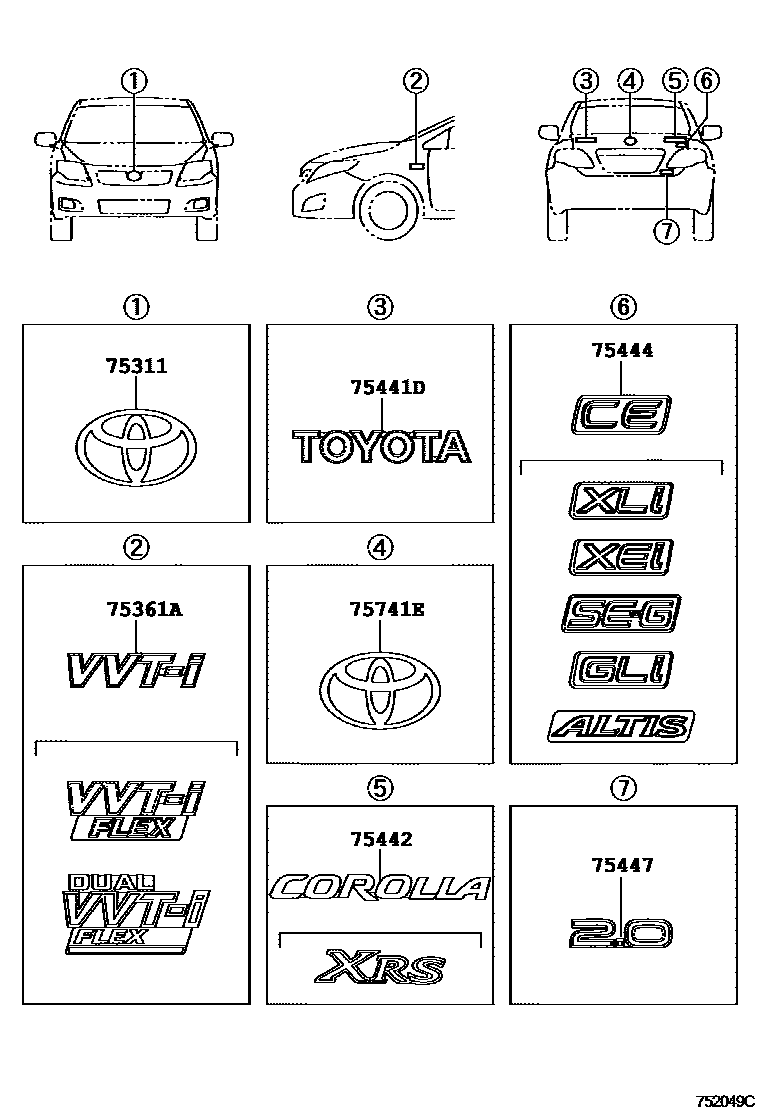 Toyota COROLLA 丰田徽标和铭牌(车外和车内) EPC diagram — 752049C