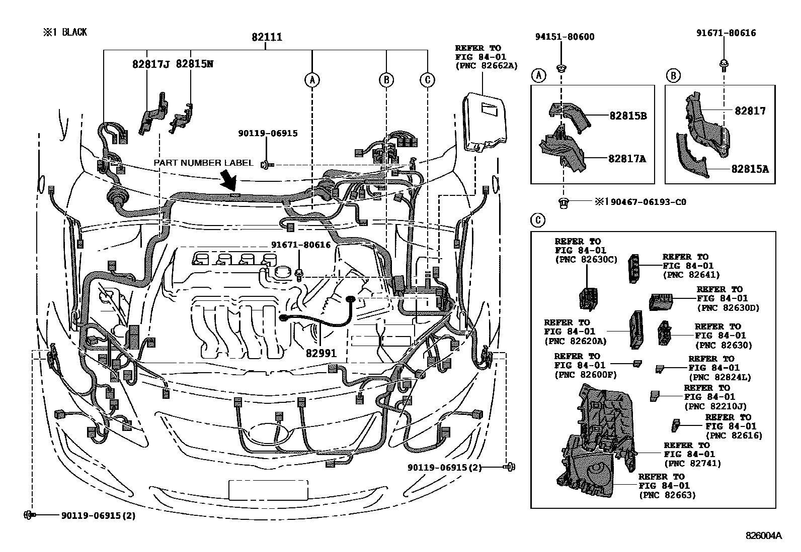 Toyota COROLLA 线束和卡夹 EPC diagram — 826004A