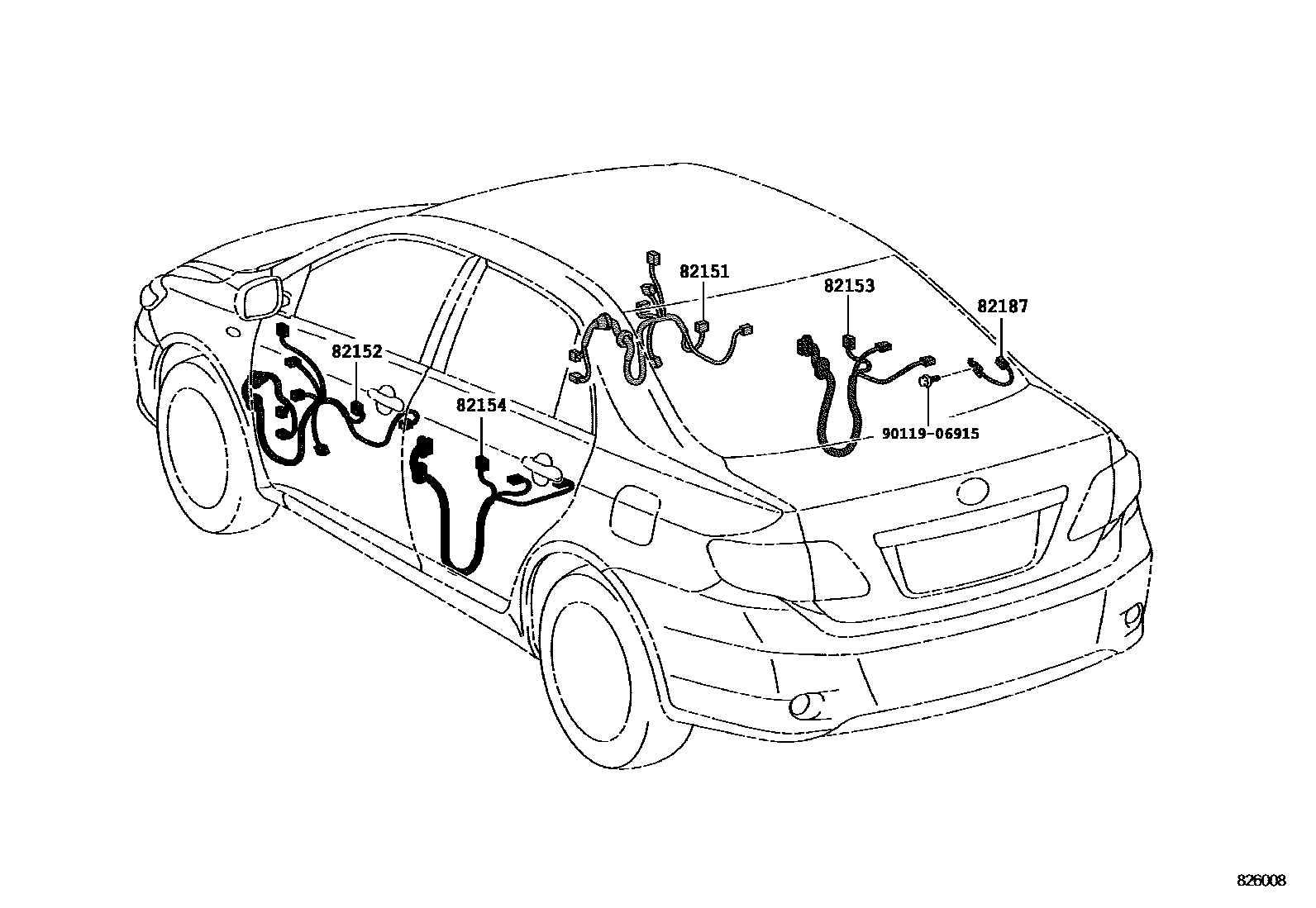 Toyota COROLLA 线束和卡夹 EPC diagram — 826008
