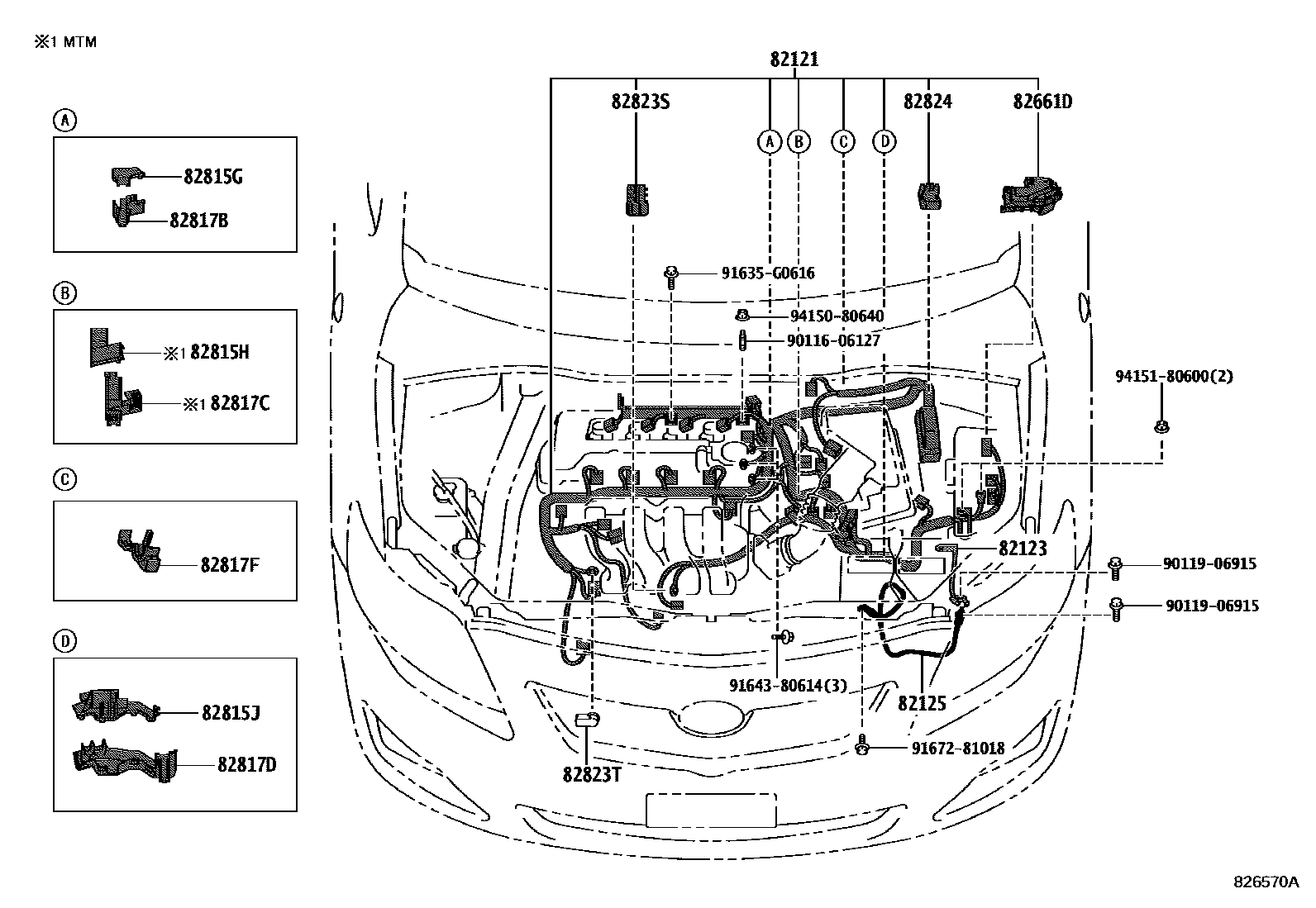 Toyota COROLLA 线束和卡夹 EPC diagram — 826570A