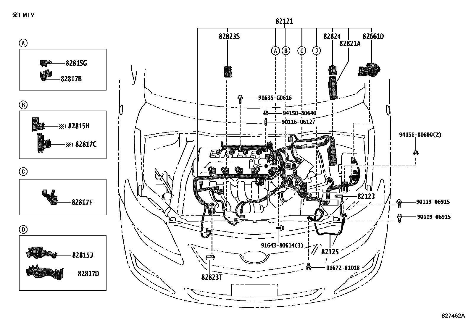 Toyota COROLLA 线束和卡夹 EPC diagram — 827462A