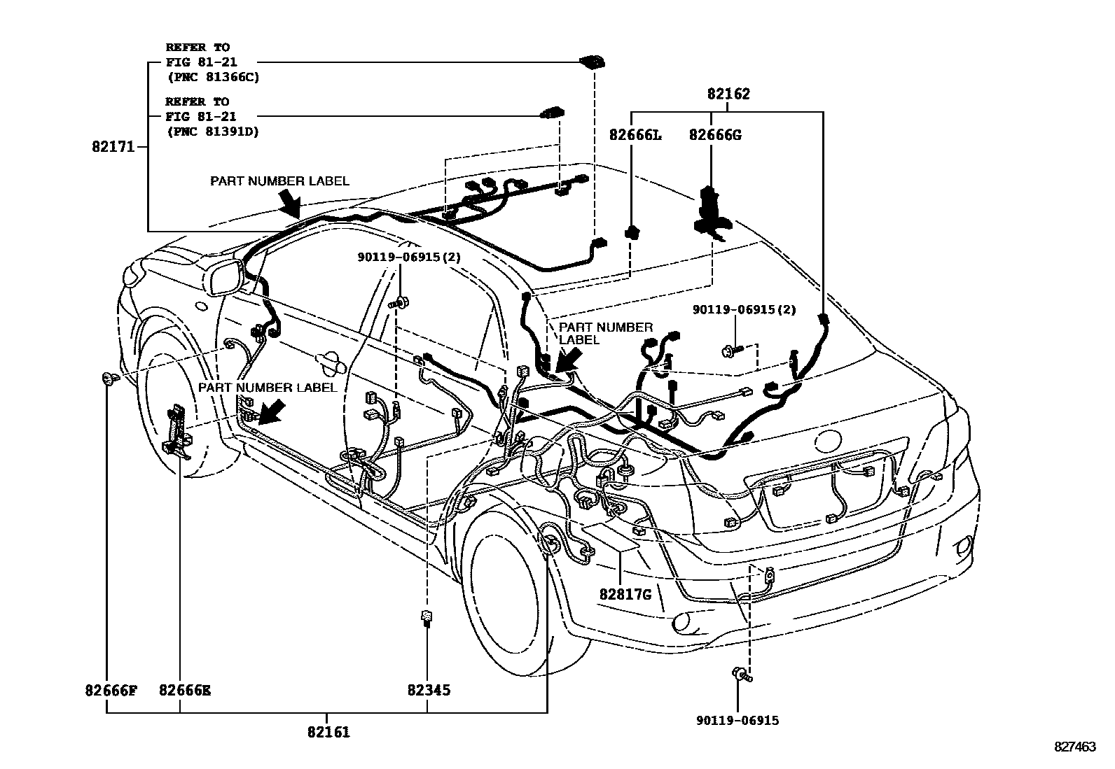 Toyota COROLLA 线束和卡夹 EPC diagram — 827463