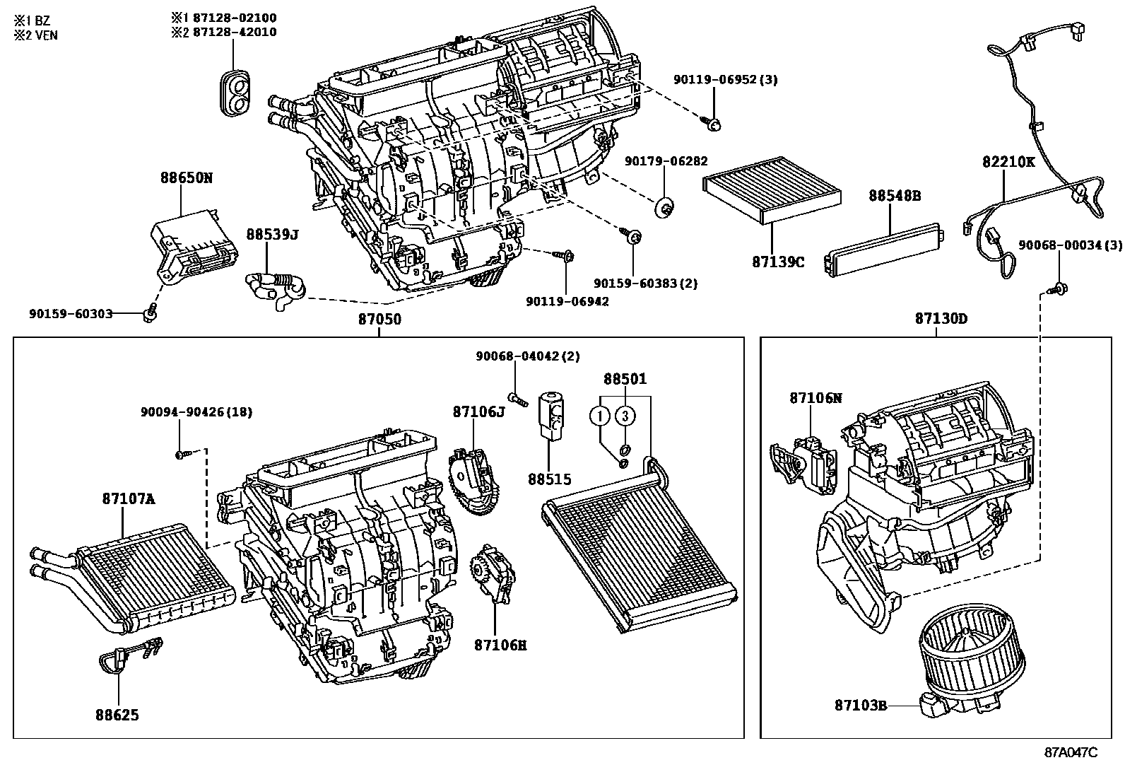 Toyota COROLLA 暖风和空调系统 - 冷却器组件 EPC diagram — 87A047C