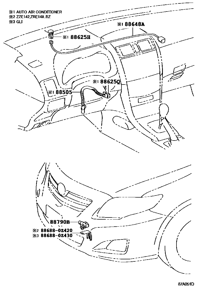 Toyota COROLLA 暖风和空调系统 - 控制器和风管 EPC diagram — 87A051D