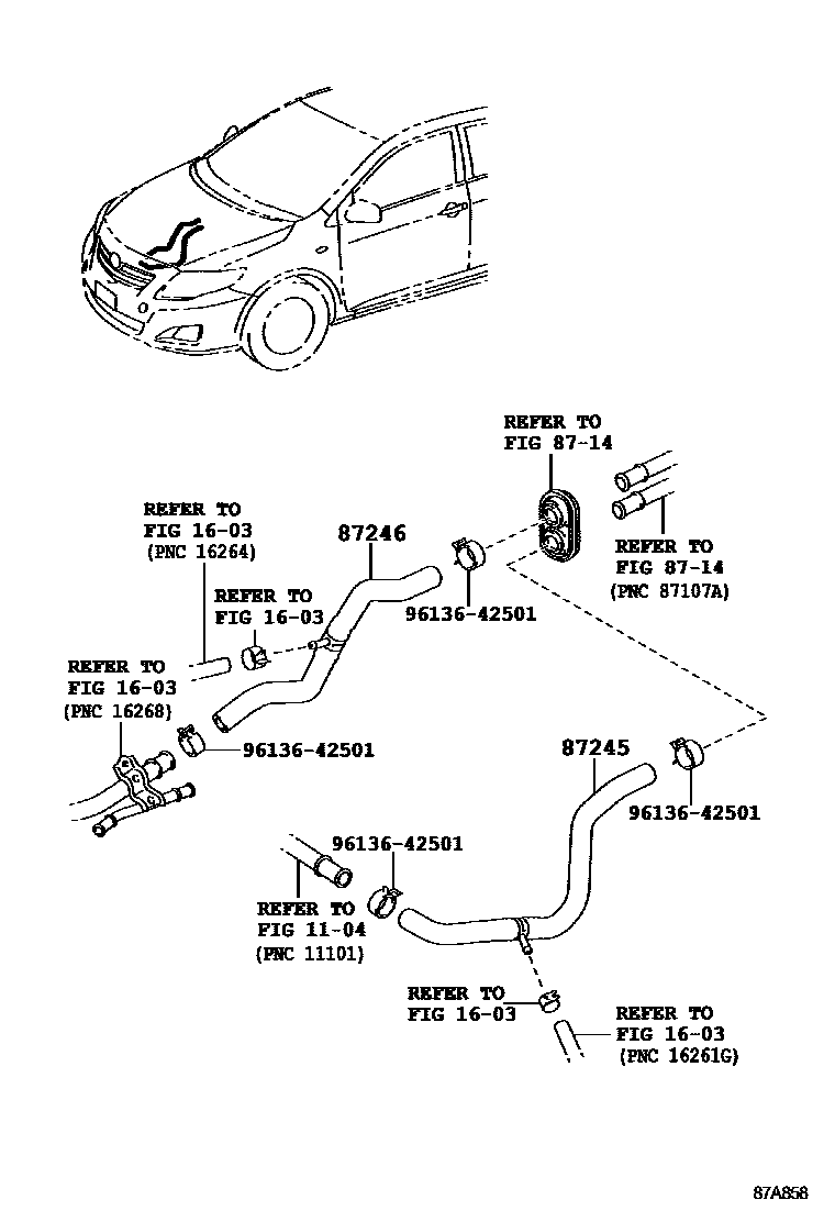 Toyota COROLLA 暖风和空调系统 - 水管 EPC diagram — 87A858