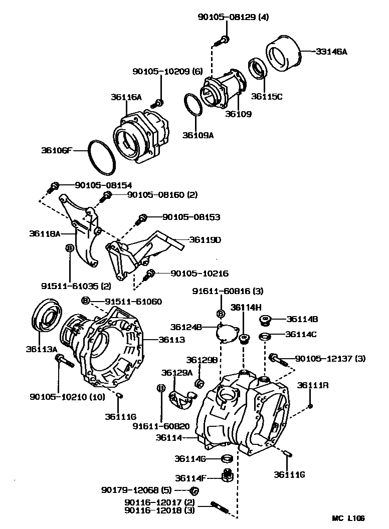 Toyota COROLLA Transfer Case & Extension Housing EPC diagram — MCL106