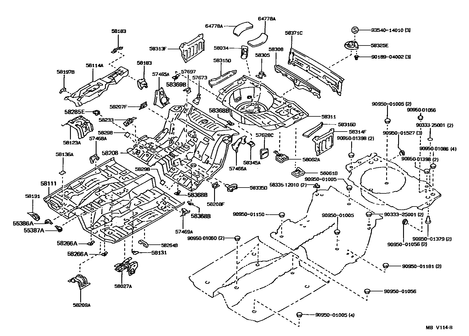 Toyota COROLLA 浅盘形地板和车身下背板 EPC diagram — MBV114B