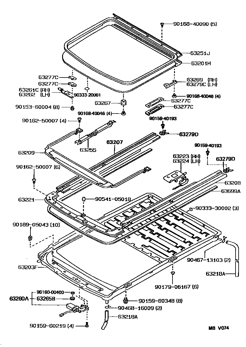Toyota COROLLA 天窗板和背窗玻璃 EPC diagram — MBV074