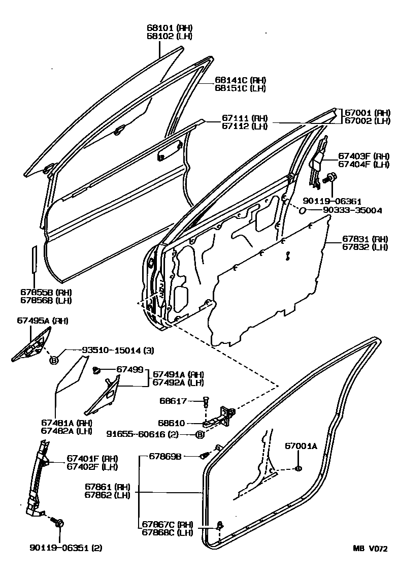 Toyota COROLLA 前门板和前门玻璃 EPC diagram — MBV072
