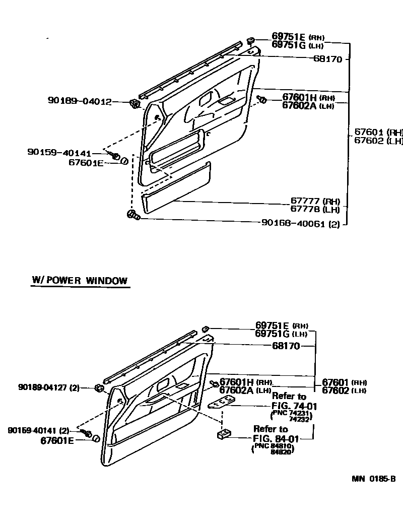 Toyota COROLLA 前门板和前门玻璃 EPC diagram — MN0185B