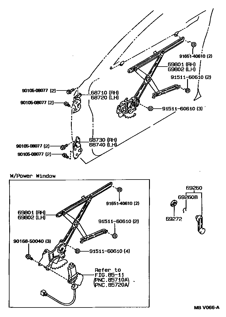 Toyota COROLLA 前门车窗升降器和合页 EPC diagram — MBV066A