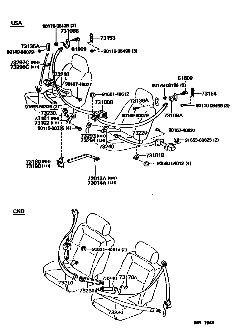 Toyota COROLLA 安全带和儿童保护座椅 EPC diagram — MN1043