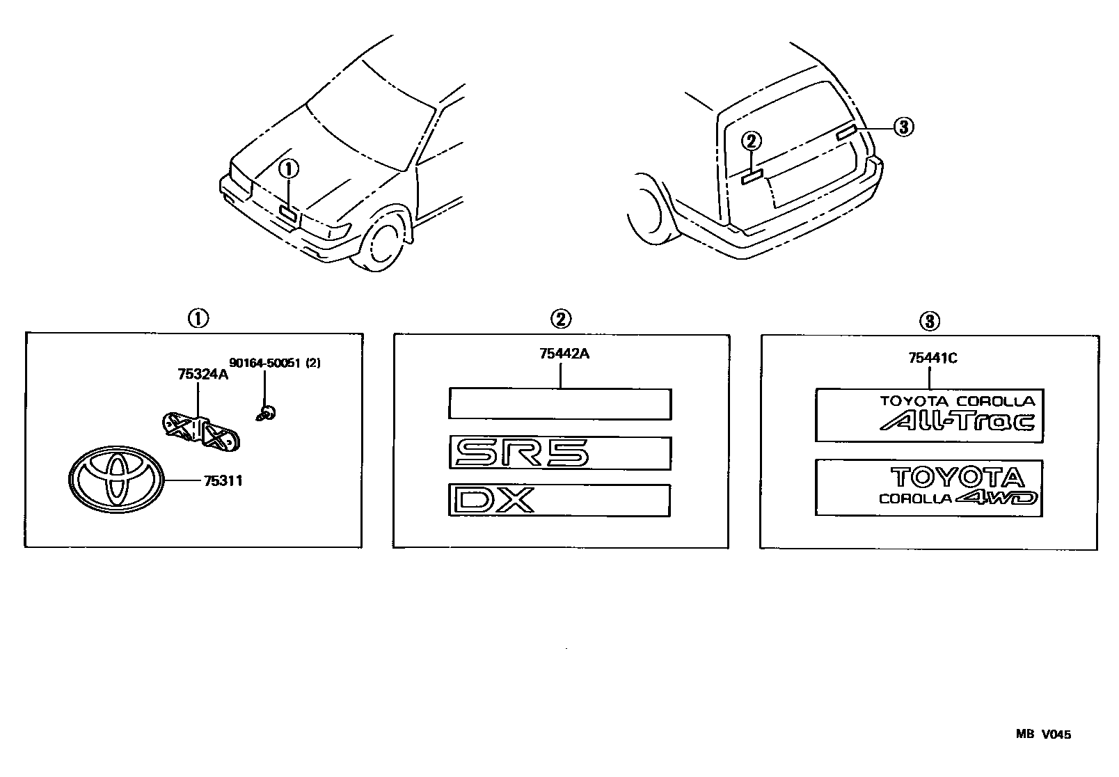 Toyota COROLLA 丰田徽标和铭牌(车外和车内) EPC diagram — MBV045