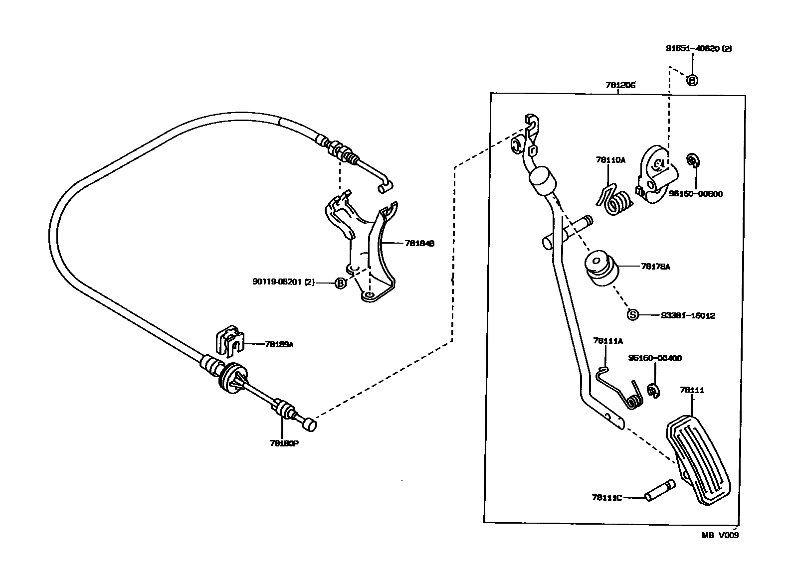 Toyota COROLLA accelerator pedal connecting rod EPC diagram — MBV009