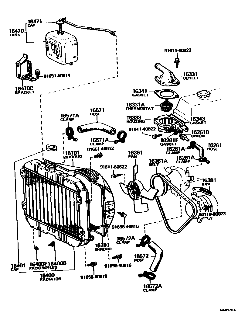 Toyota COROLLA RADIATOR & WATER OUTLET EPC diagram — MA8173C
