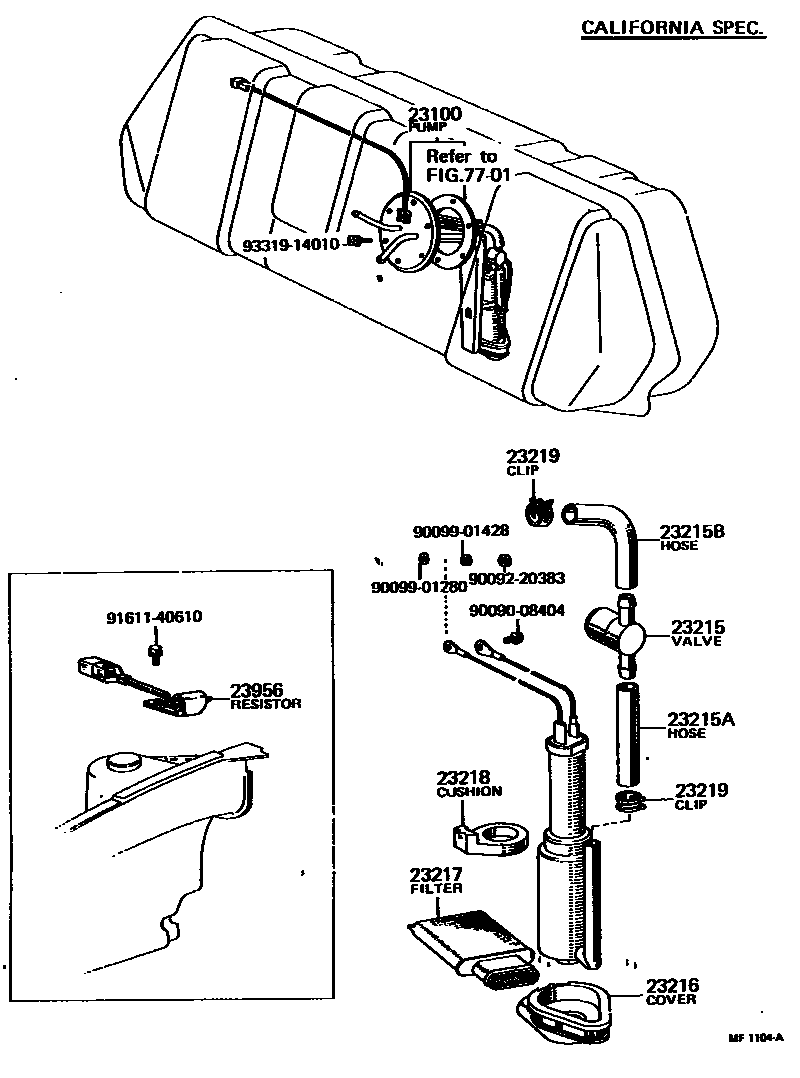 Toyota COROLLA 燃油泵和燃油管 EPC diagram — MF1104A