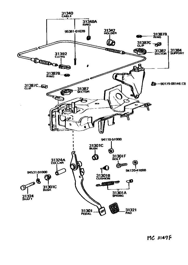 Toyota COROLLA 离合器踏板和挠性软管 EPC diagram — MC3147F