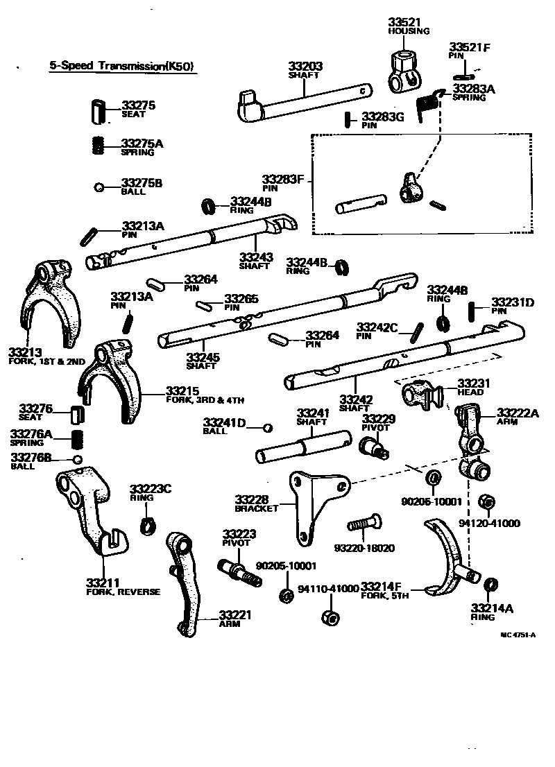 Toyota COROLLA 换档拨叉和换档杆轴(MTM) EPC diagram — MC4751A
