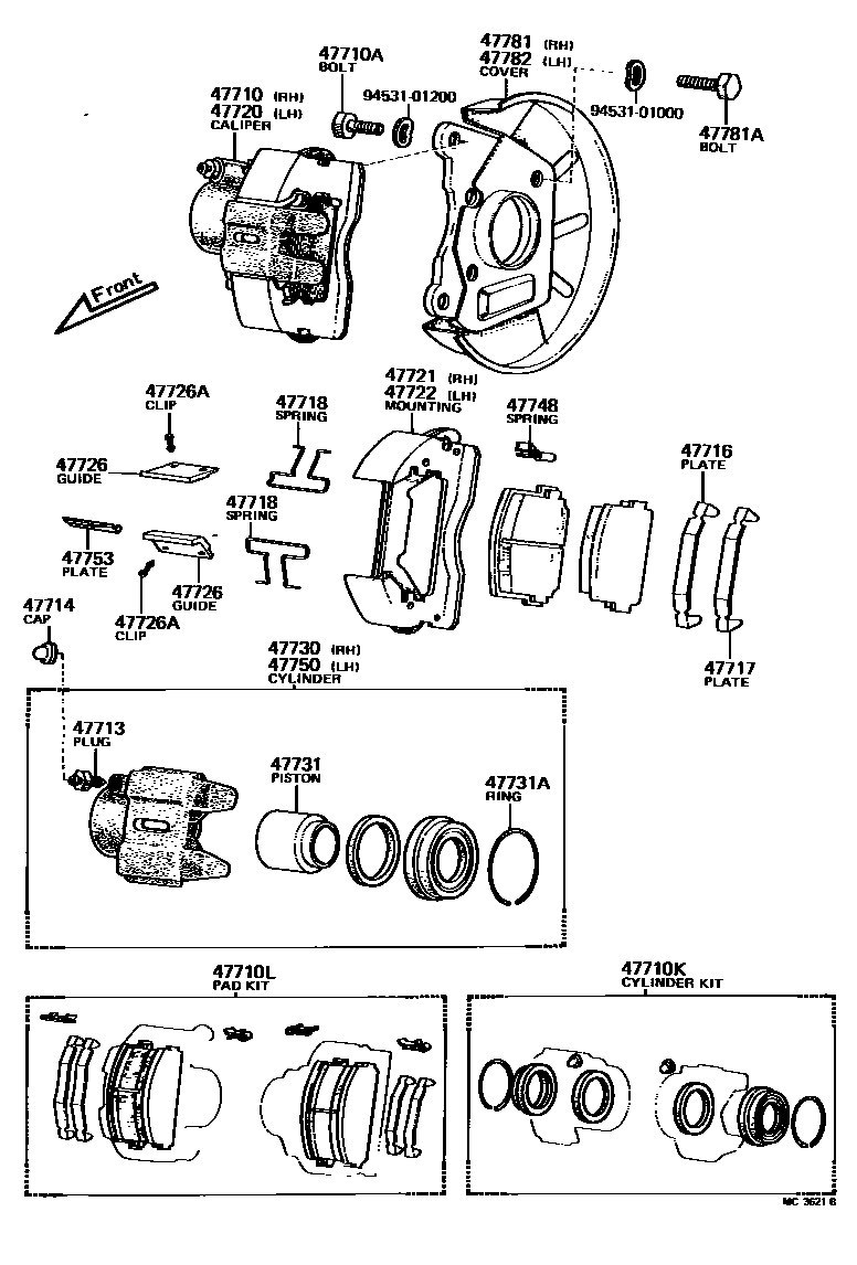 Toyota COROLLA 前盘式制动器卡钳和防尘罩 EPC diagram — MC3621B