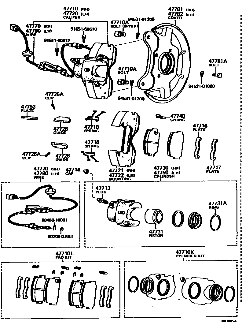 Toyota COROLLA 前盘式制动器卡钳和防尘罩 EPC diagram — MC4005A