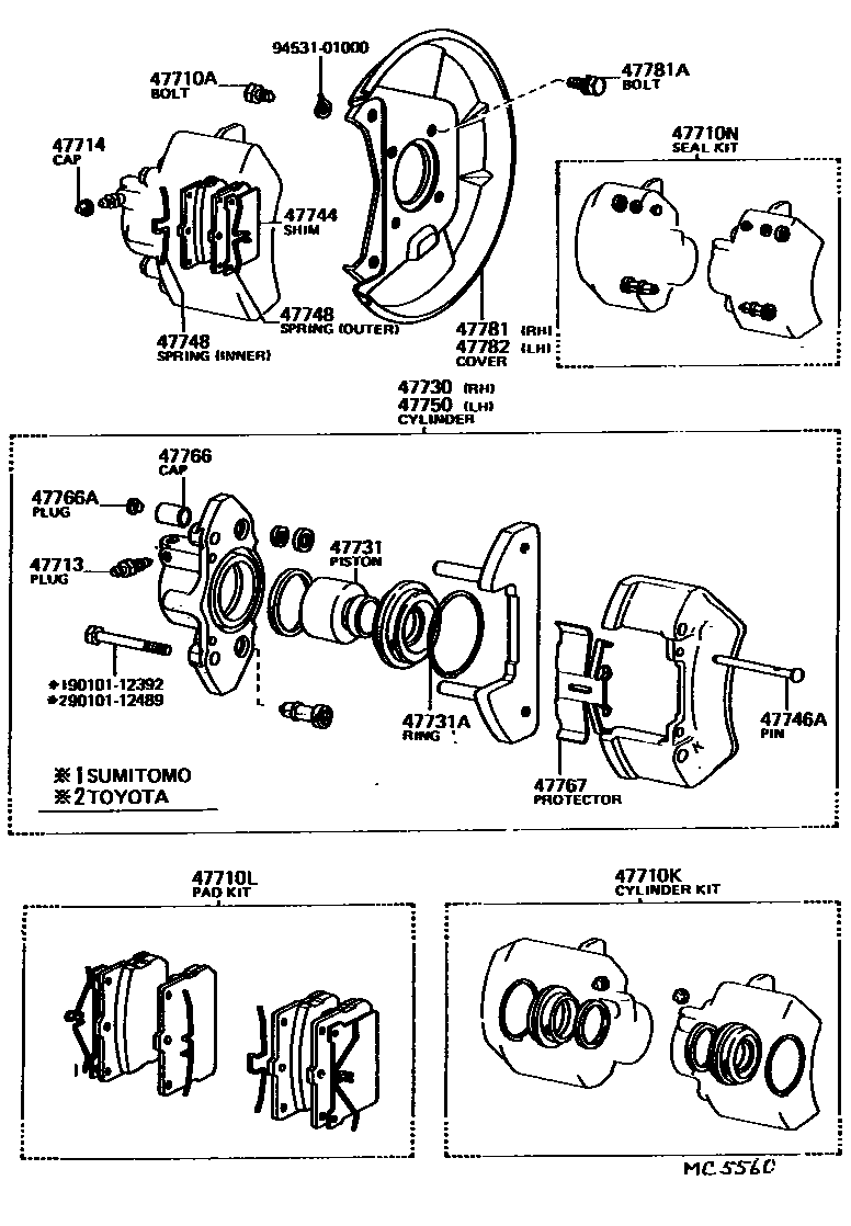Toyota COROLLA 前盘式制动器卡钳和防尘罩 EPC diagram — MC5560