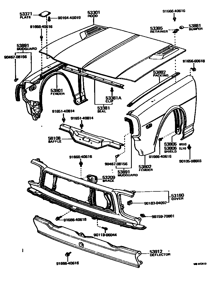 Toyota COROLLA 发动机盖和前翼子板 EPC diagram — MB5434D