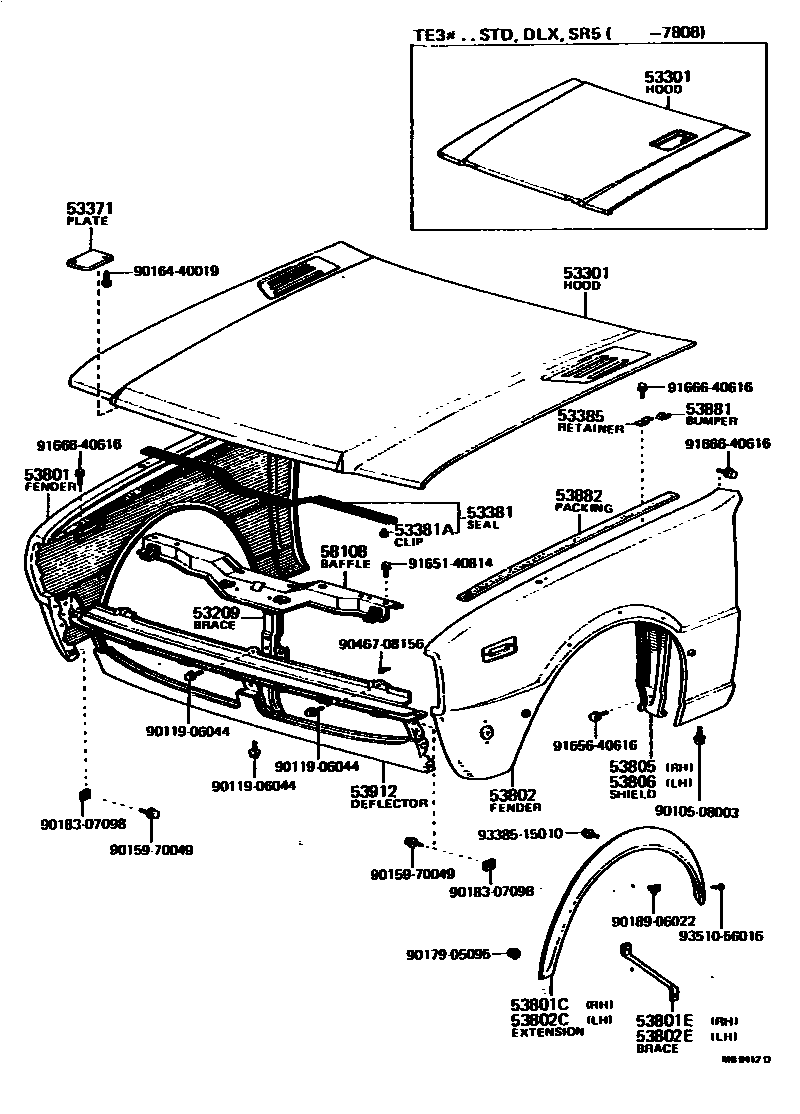 Toyota COROLLA 发动机盖和前翼子板 EPC diagram — MB9412D