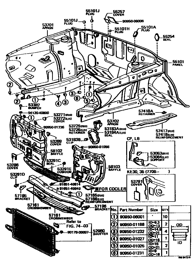 Toyota COROLLA 前翼子板挡泥板和前围板 EPC diagram — MB9413H