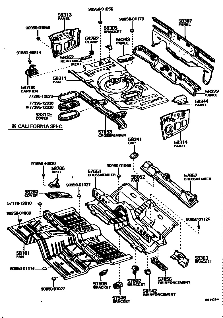 Toyota COROLLA 浅盘形地板和车身下背板 EPC diagram — MB5437A