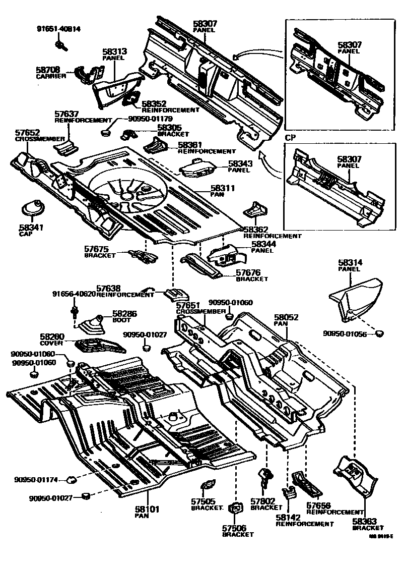Toyota COROLLA 浅盘形地板和车身下背板 EPC diagram — MB9419E