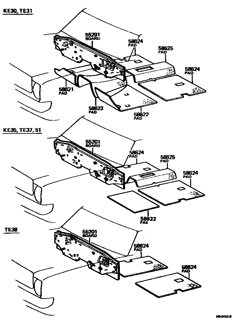 Toyota COROLLA 前围板消声板和地板消声垫 EPC diagram — MB9423B