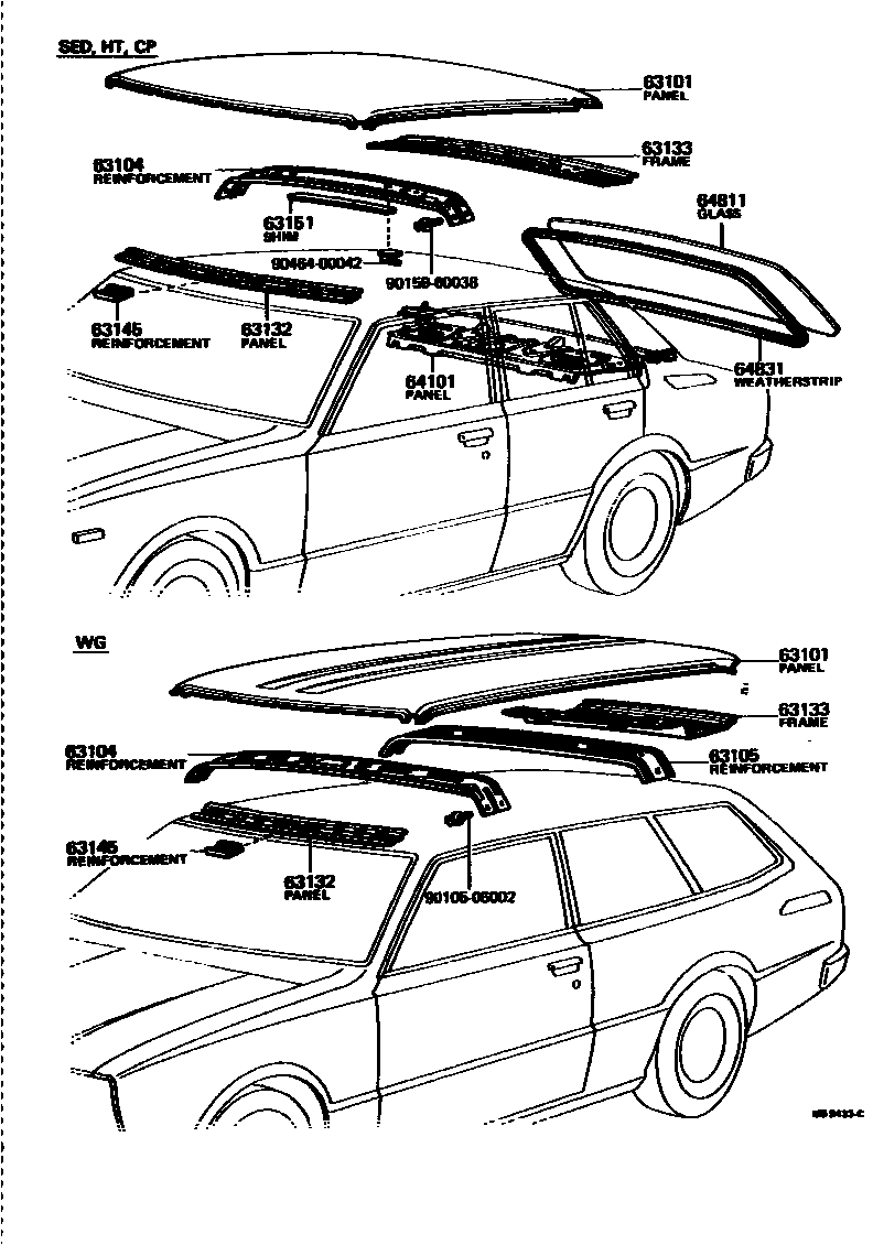 Toyota COROLLA 天窗板和背窗玻璃 EPC diagram — MB9433C