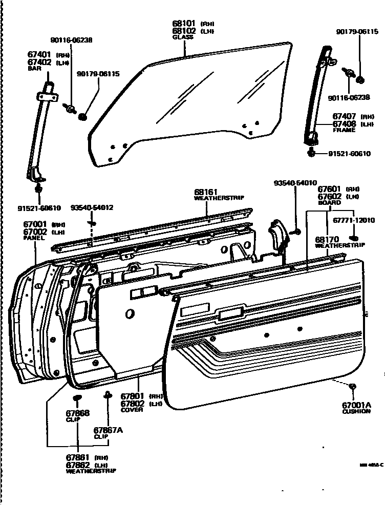 Toyota COROLLA 前门板和前门玻璃 EPC diagram — MB4055C