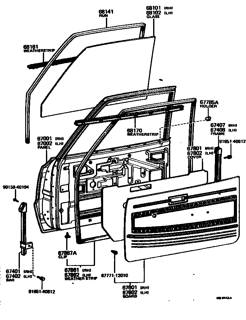 Toyota COROLLA 前门板和前门玻璃 EPC diagram — MB9443A