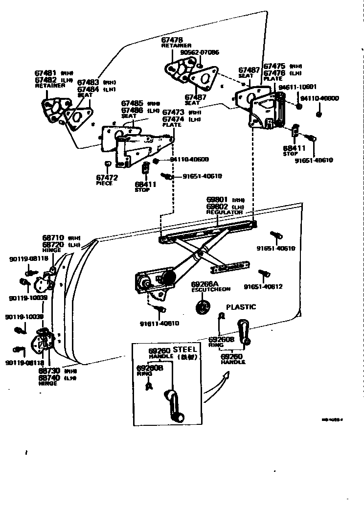 Toyota COROLLA 前门车窗升降器和合页 EPC diagram — MB4059F