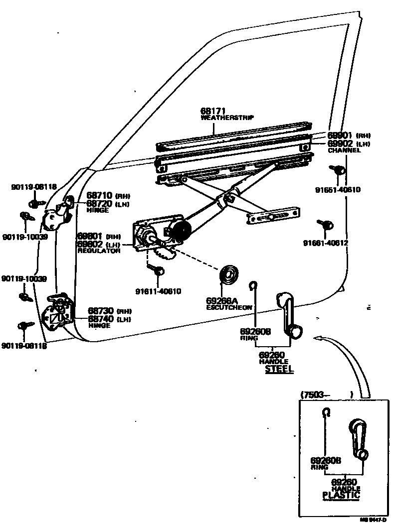 Toyota COROLLA 前门车窗升降器和合页 EPC diagram — MB9447D