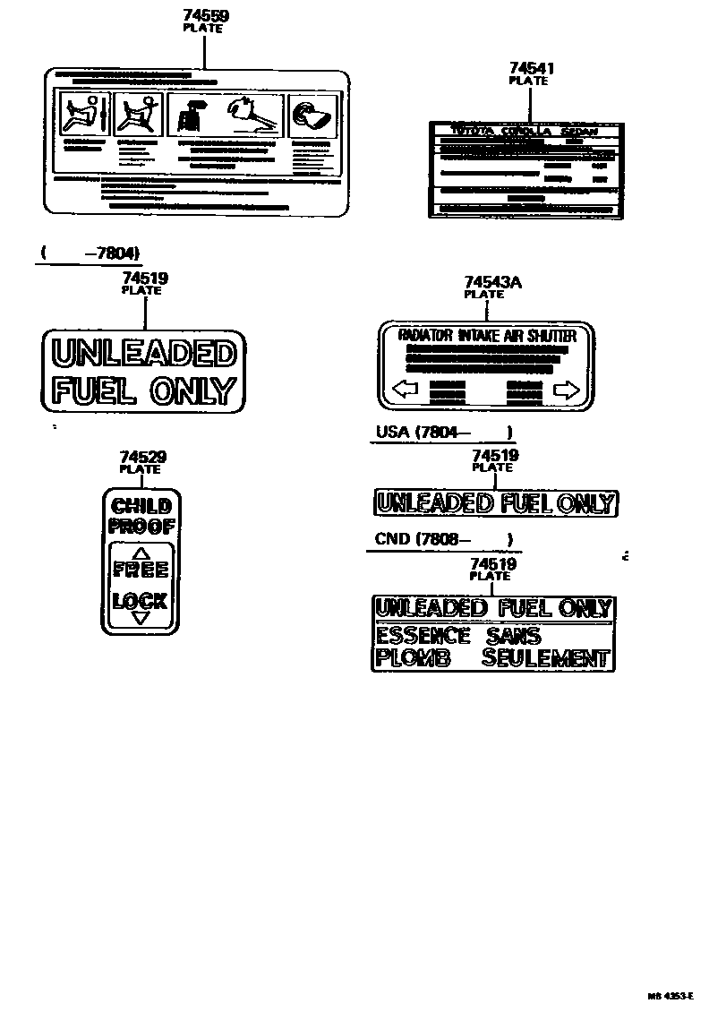 Toyota COROLLA 警示铭牌(车外和车内) EPC diagram — MB4353E